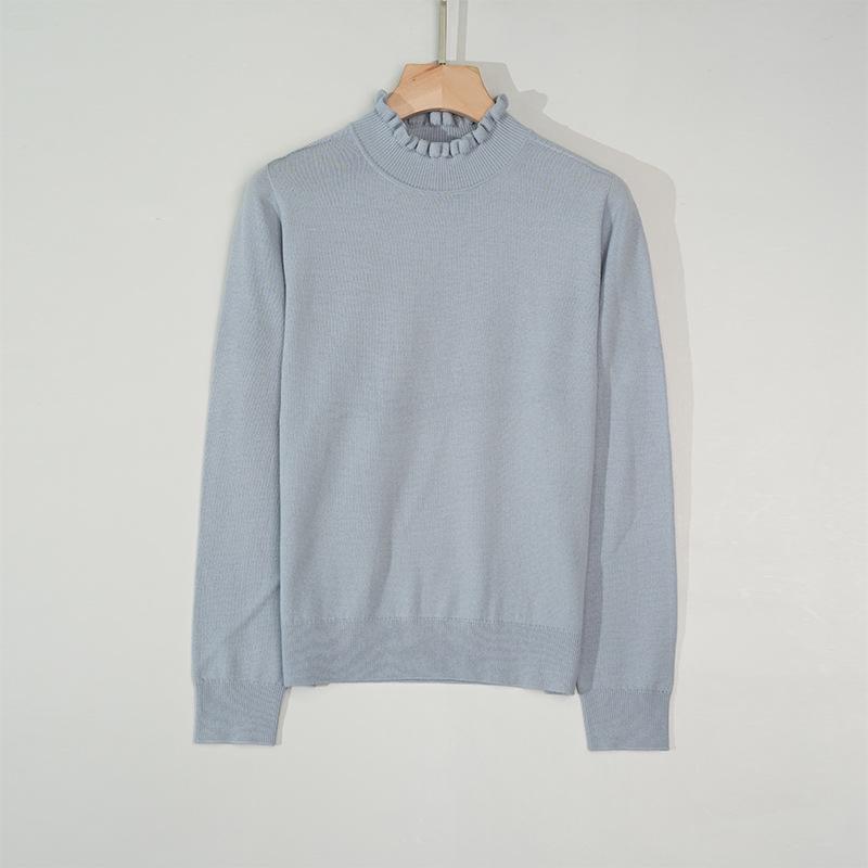 Autumn Winter Women's Seamless Wool Sweater – Ruffle Trim, Slim Fit, High Neck, Machine Washable Base Layer, Solid Color.