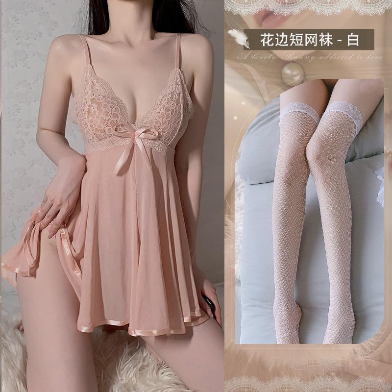 Sweet hair sexy underwear sexy suspender backless nightdress women's hot lace transparent pajamas perspective set