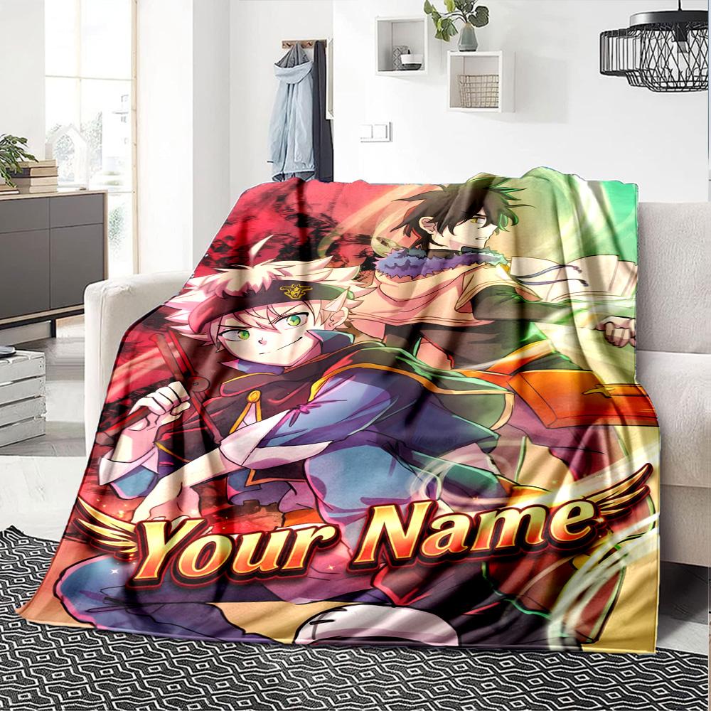 1pc Black Clover Blanket with Custom Name, Gift, for Men and Women, Soft Blanket, Good for Sofa Bed Couch Travel, Lightweight Flannel Blanket