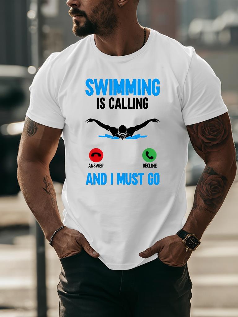Swimming Is Calling And I Must Go Print Unisexs T Shirt Funny Swimmer Athlete Short Sleeve Crew Neck Cotton Casual Daily Tee