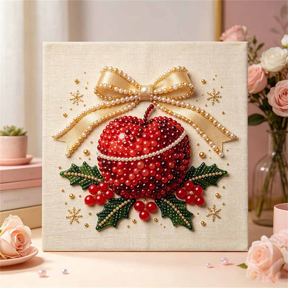 DIY 5D Pearl Painting Kit Framed with Festive Christmas Apple and Holly Bow Design Sparkling Bead Canvas Art Creative Gift for Nursery Room Decor