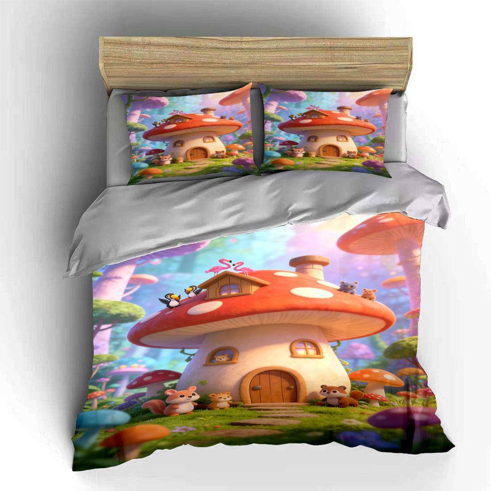 Mushroom House, Animals, Flamingos. Bedding Sets Duvet Cover Sets Duvet Covers Pillowcases(1* Duvet Cover 2* Pillowcases Without Duvet Insert)