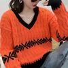 Korean Style Autumn and Winter Loose and Lazy Style New Sweater V-neck Color Block High-end Knitwear for Women