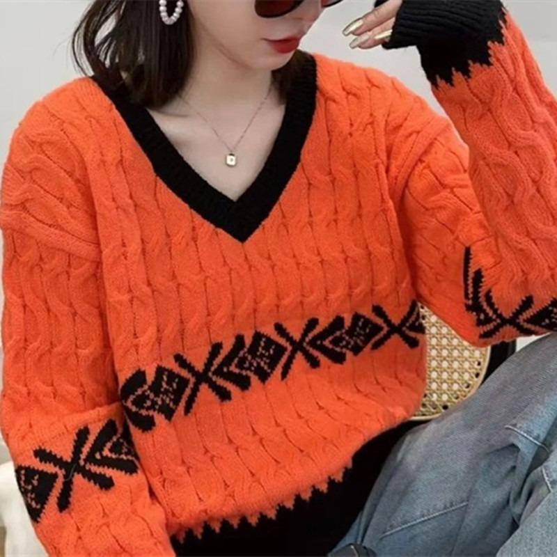 Korean Style Autumn and Winter Loose and Lazy Style New Sweater V-neck Color Block High-end Knitwear for Women