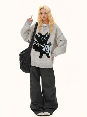 Unisex American Retro Cat Knit Polo Sweater - Versatile, Loose Fit for Autumn/Winter