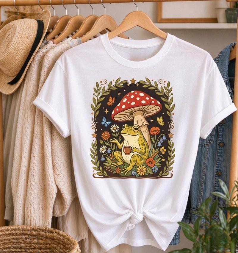 Cottagecore Frog And Red Mushroom Graphic Tshirt Unisex Unisex Wildflower Butterfly Print Casual Short Sleeve Vintage Nature Tee