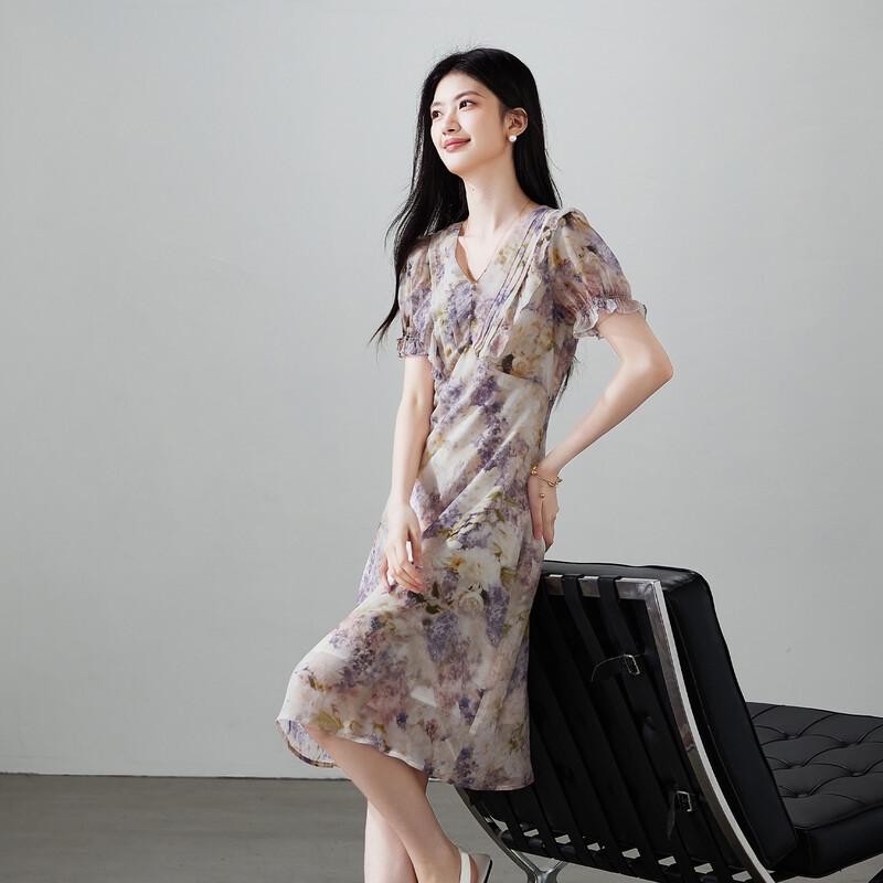 SOFSIL French Mulberry Silk V-Neck Bubble Sleeve Dress L