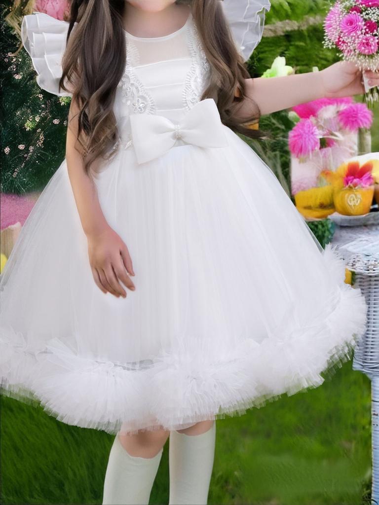 New Kids Net Lace Princess Dress with Frills, Large Size Girls' Birthday Outfit