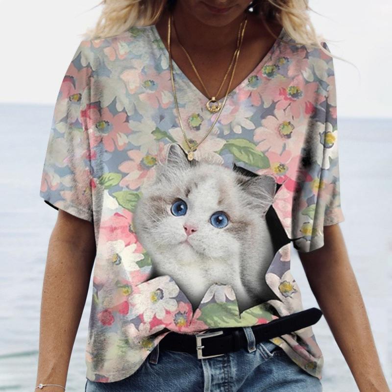 T-shirt d'été à manches courtes et col en V pour femme, imprimé chat 3D, décontracté et tendance