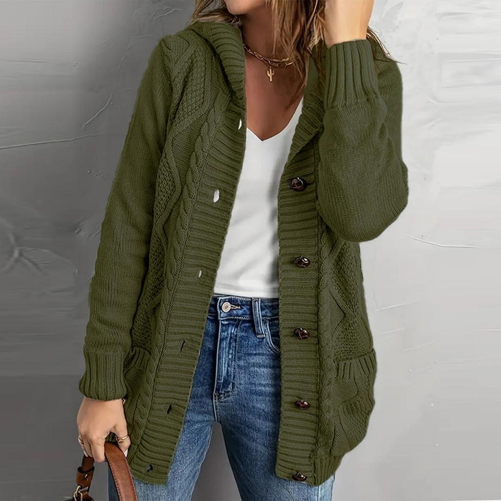 Women's Solid Color Long Sleeved Casual Pocket Knitted Sweater Cardigan Jacket