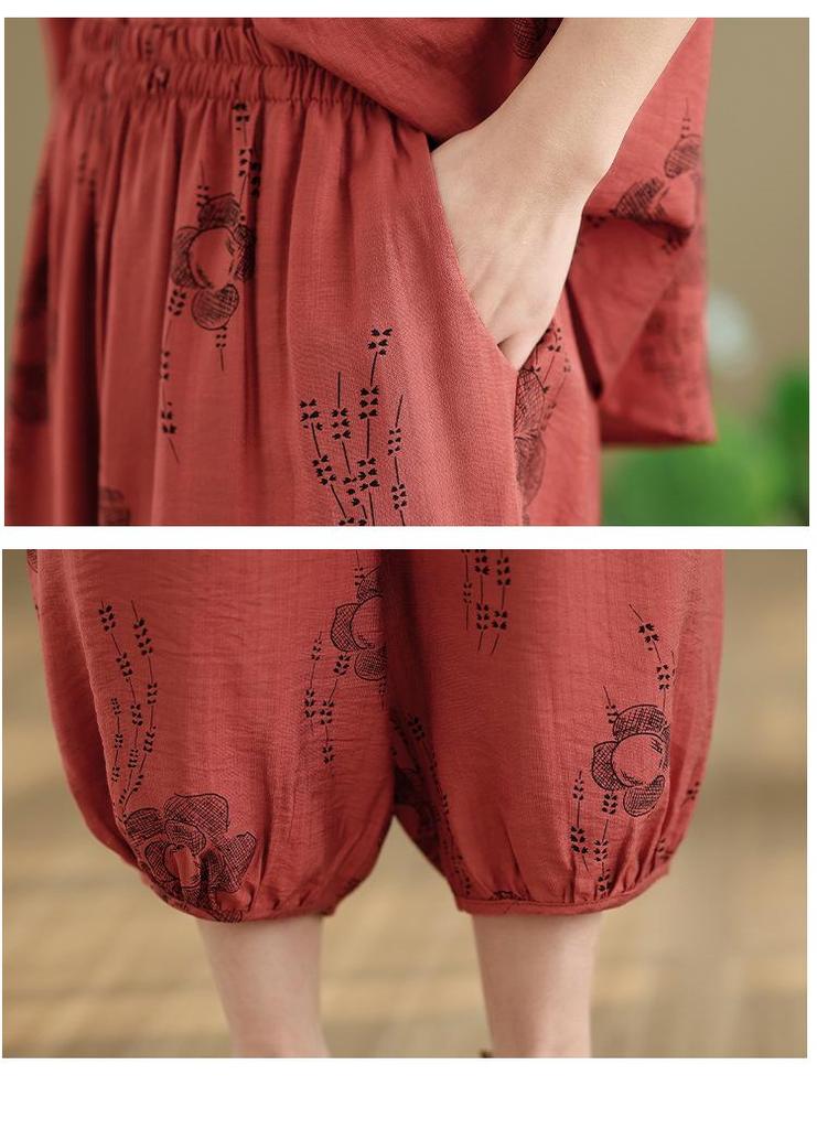 2026 Ethnic Style Tencel Linen Embroidery Women's Plus Size Summer Suit: Loose Slimming T-shirt + Pants Set