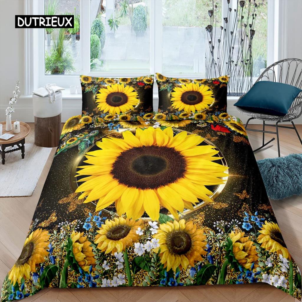 Sunflower Duvet Cover Set Queen Set Milk Cow Comforter Cover Black White Abstract Bedding Set Plant Leaf Polyester Quilt Cover