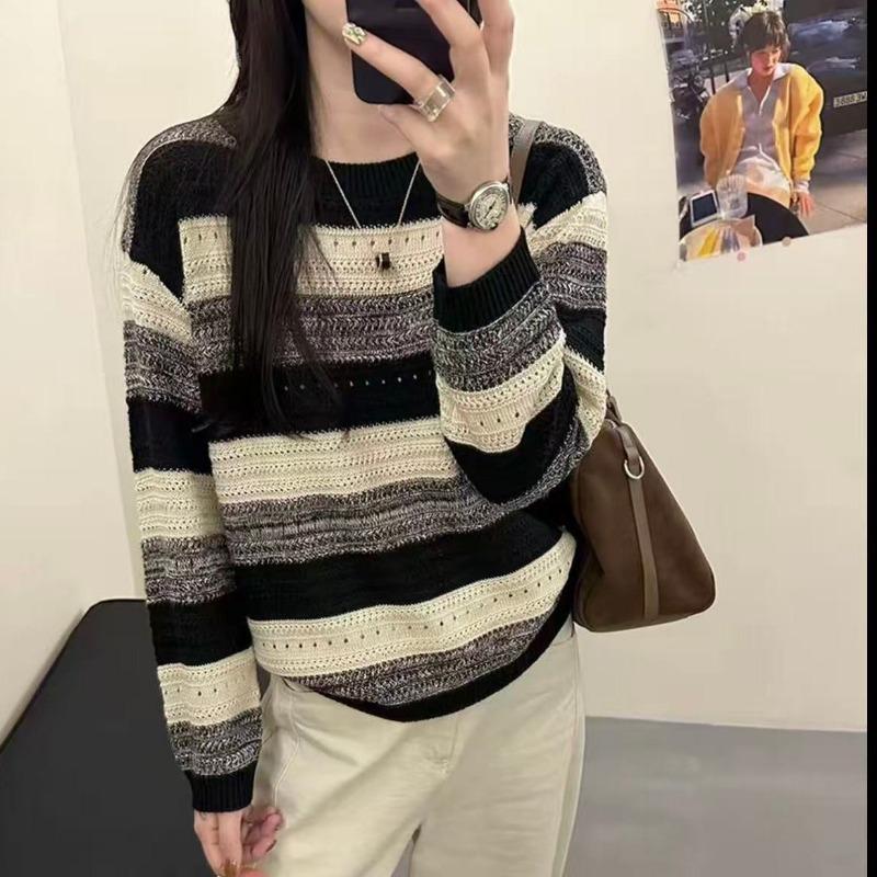 Round Neck Striped Sweater Women's Long-sleeved Autumn Clothing New Style Fashionable Loose Lazy Style Top Retro Pullover