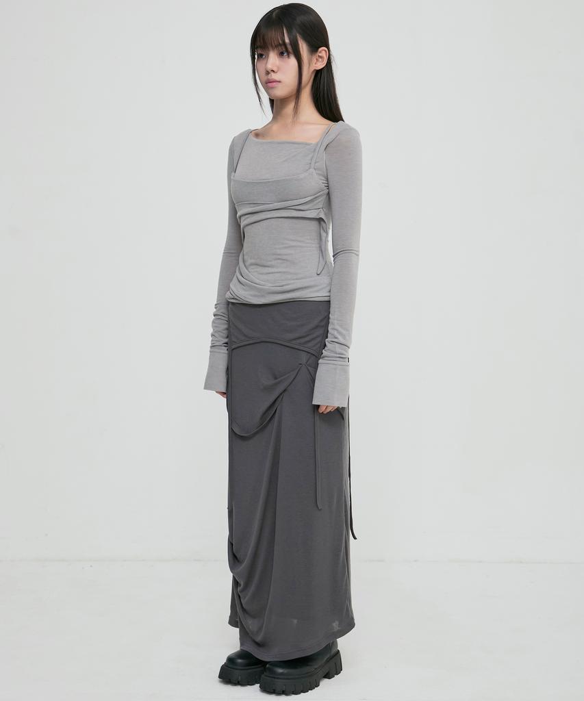 Peulleeoeob Asymmetrical Draped Long Skirt (Fl-263_Dark Gray)