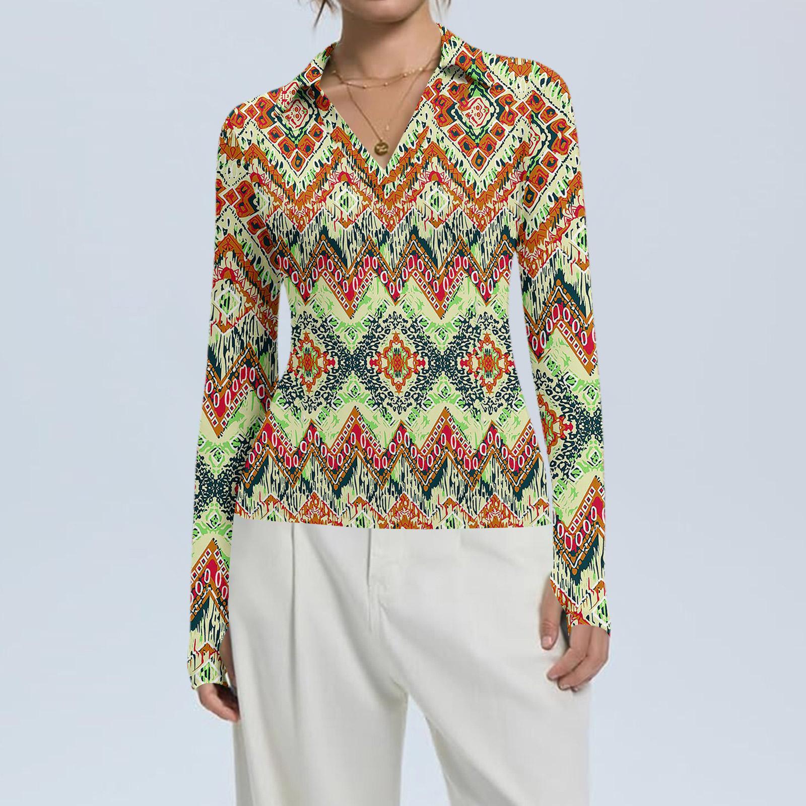 

Жіноча мода Повсякденний принт V-подібний виріз Довгий рукав Сорочка на ґудзиках S