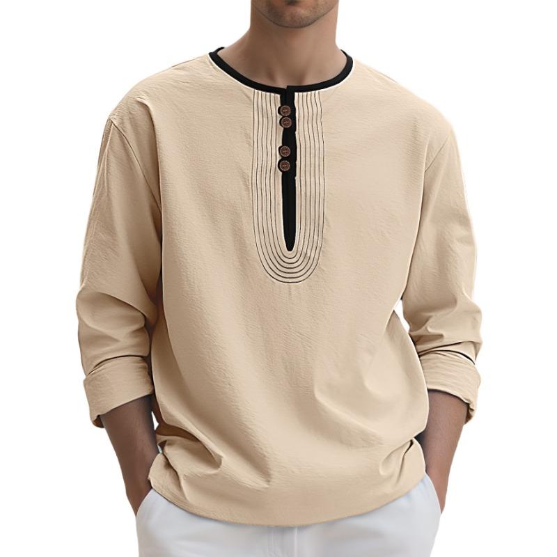 Henry Neck Men's Solid Color Linen Loose Casual Sports Long-sleeved T-shirt