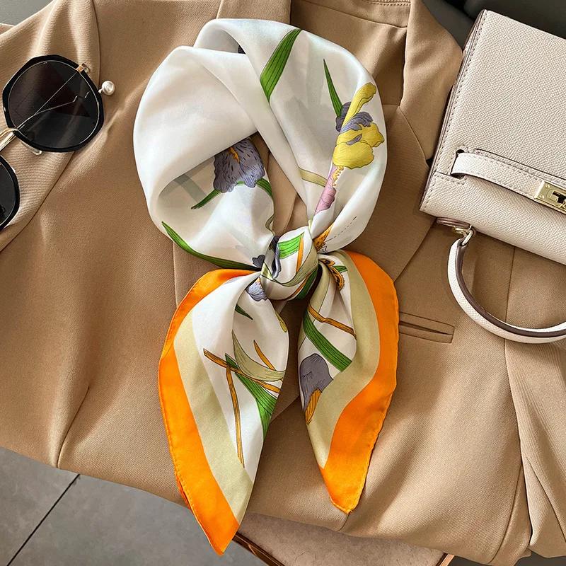 New Floral Print Shawl Design Silk Square Scarf Women Female Wrap Headkerchief Hijab Beach Stoles Hair Band Echarpe Bandana 2023