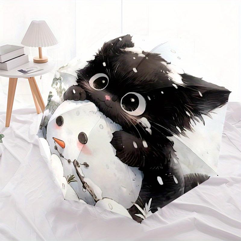 1pc Snowman & Cute Cat Pattern Automatic 3-Fold Umbrella, 8 Iron Frames, High-Value Folding Umbrella, Suitable for Office, Travel and Outdoor Adventur