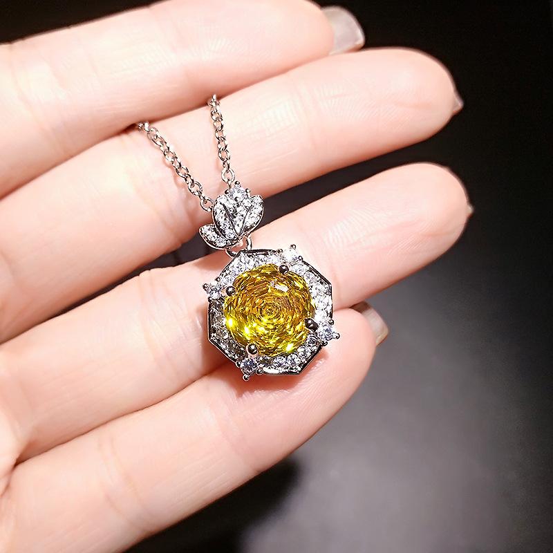 Octagonal Millennium Rose Cut Redstone Necklace Elegant Premium Pink Stone Yellow Diamond Leaf Pendant Female