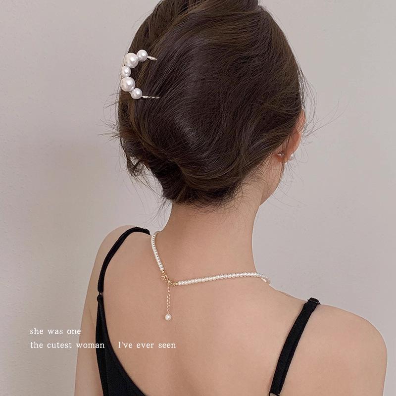 U-Shaped Pearl Tassel Hairpin - Elegant Chinese Style Updo Clip for Women