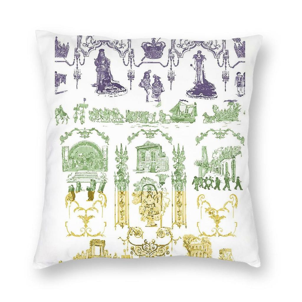 Mardi Gras Toile New Orleans Square Pillowcase Polyester Linen Velvet Printed Zip Decorative Pillow Case Car Cushion Cover X