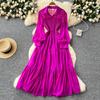 Women's Casual Dresses - Spring Autumn Women Vintage Draped Long Maxi Dress A Line Single Breasted Long Sleeve Turn Down Collar Red Green Purple