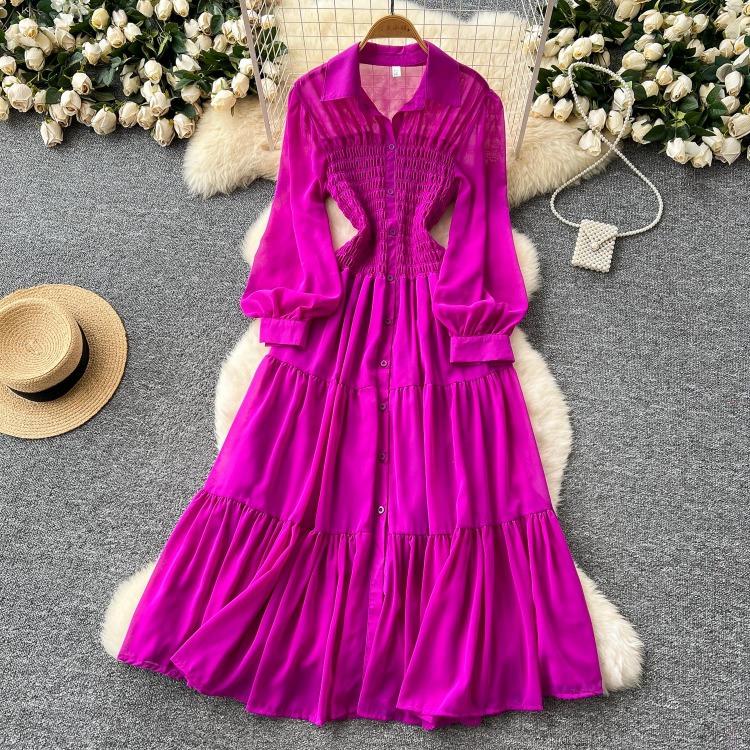 Women's Casual Dresses - Spring Autumn Women Vintage Draped Long Maxi Dress A Line Single Breasted Long Sleeve Turn Down Collar Red Green Purple