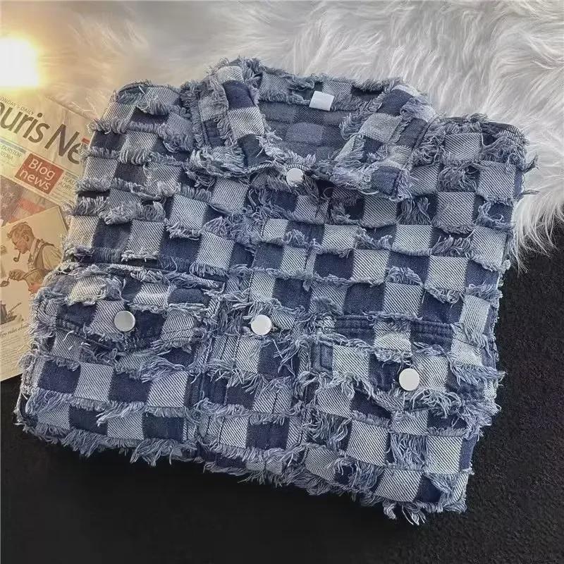 Unisex Retro Plaid Denim Jacket - Trendy Spring & Autumn High Street Chessboard Design