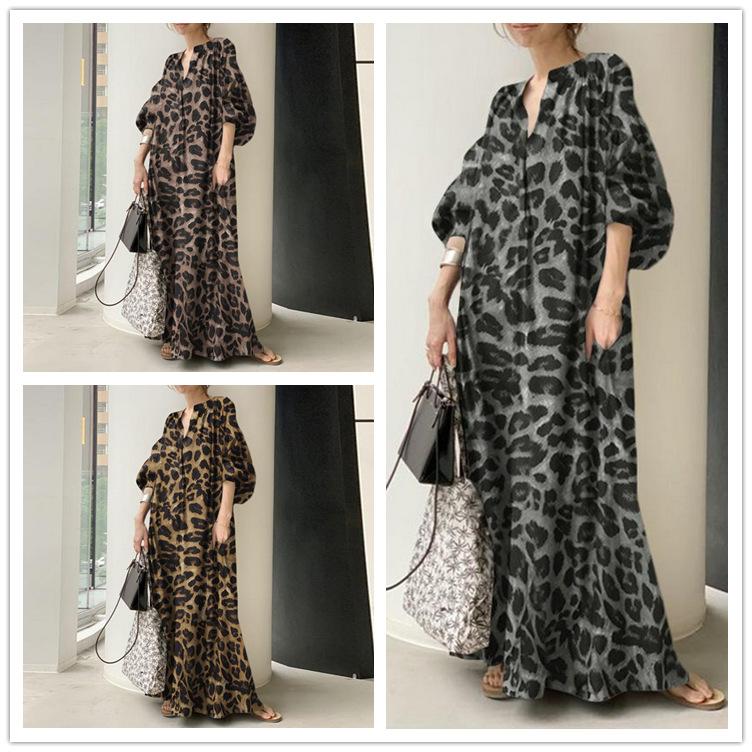 Fashion Printed Maxi Dress Women's Leopard Sundress Spring Puff Sleeve Long Vestidos Female V Neck Robe Oversize