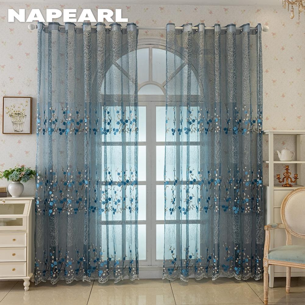 1PC NAPEARL European Retro Embroidered Sheer Curtain, Plum Blossom Pattern Transparent Curtain for Living Room Bedroom Balcony Window Home Decor