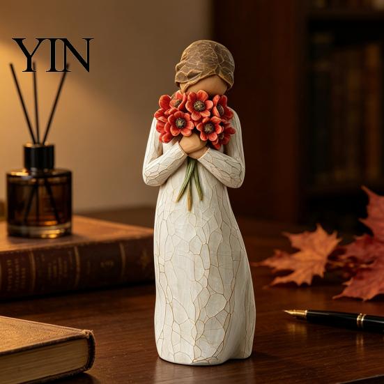 Minimalist Desk Ornament Girl Holding Bouquet Resin Figurine, Faceless Lady Statue, Romantic Desktop for Flower Statue Living Room Bedroom Home Decor,
