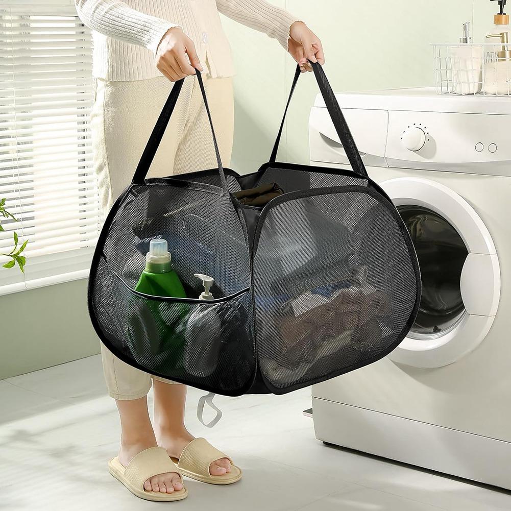 

AEE2-Collapsible Mesh -Up Laundry Hamper With Strong Handles, Opening Clothes Hamper With Side Pockets, Storage Baskets чёрный