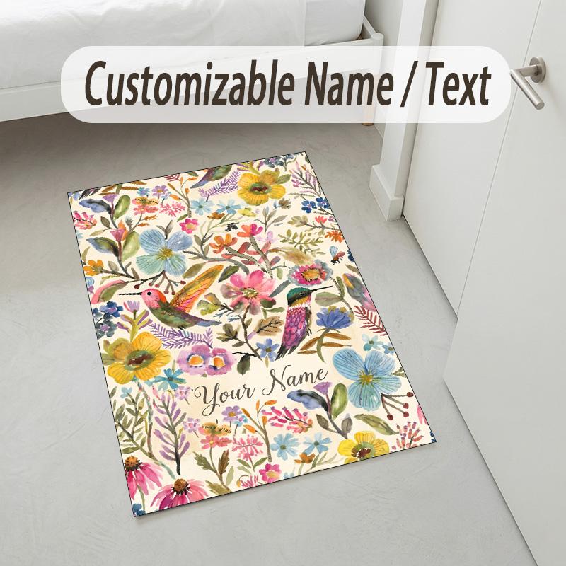Floral Horse Theme Soft Crystal Velvet Rug Custom Name & Text Print Non Slip Floor Rug for Bedroom Living Room