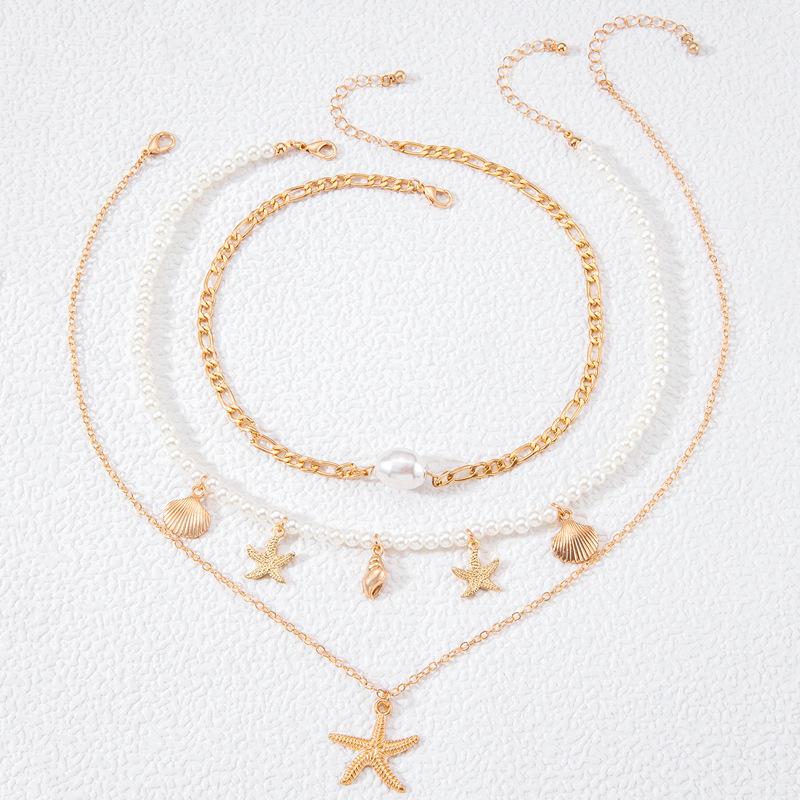 Beaded Necklace Beach Imitation Pearl Necklace Starfish Shell Retro Vacation Niche Multi-layer Necklace Women