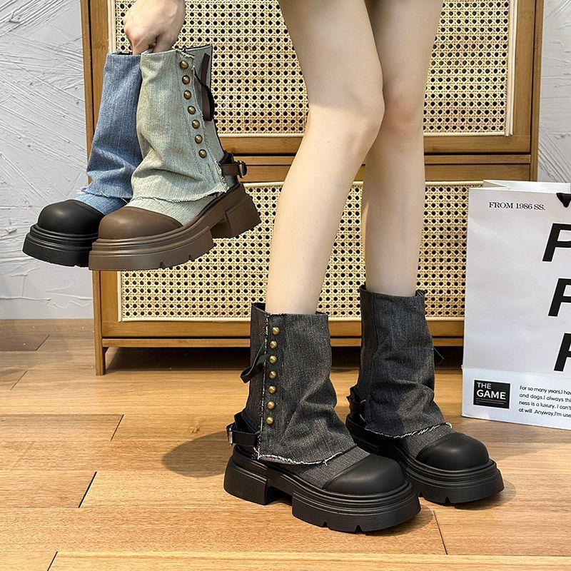 Cowboy Tube Boots Women's Platform Small British Style Martin Boots 2025 New Summer Retro Stacked Short Boots