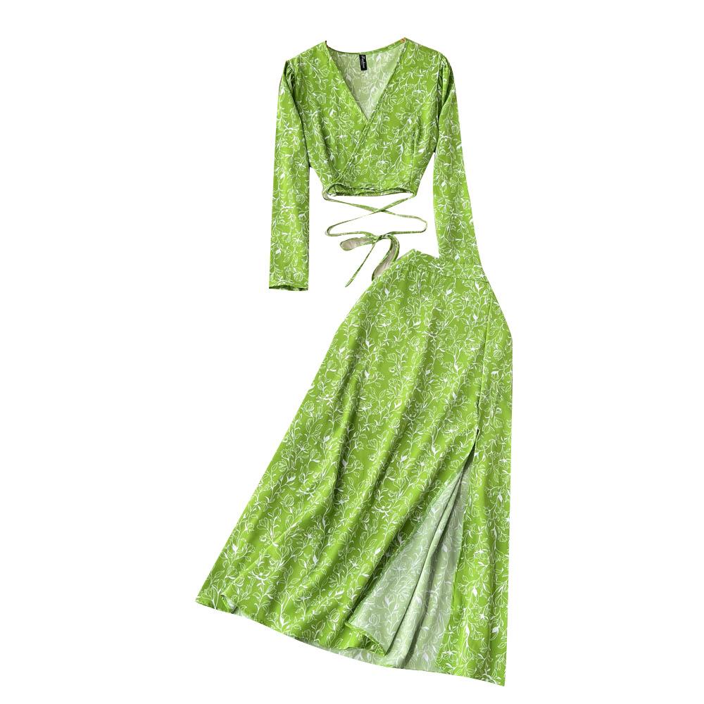 Women Vacation Bohemian Two Pieces Suits Summer Lace Up Top Split Long Skirt Sets