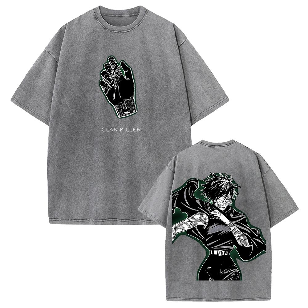 Anime Jujutsu Kaisen Zenin Maki Clothing Men Women Casual Tshirts Washed Cotton Tee Retro Oversized T-shirt Harajuku T Shirt S серый