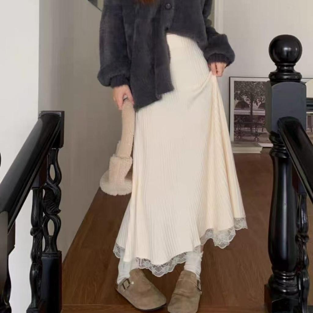 Korean-Style Women's Autumn Winter High Waist Slim-Fitting Knitted Midi Skirt with Lace Trim A-Line Versatile Knitted Skirt