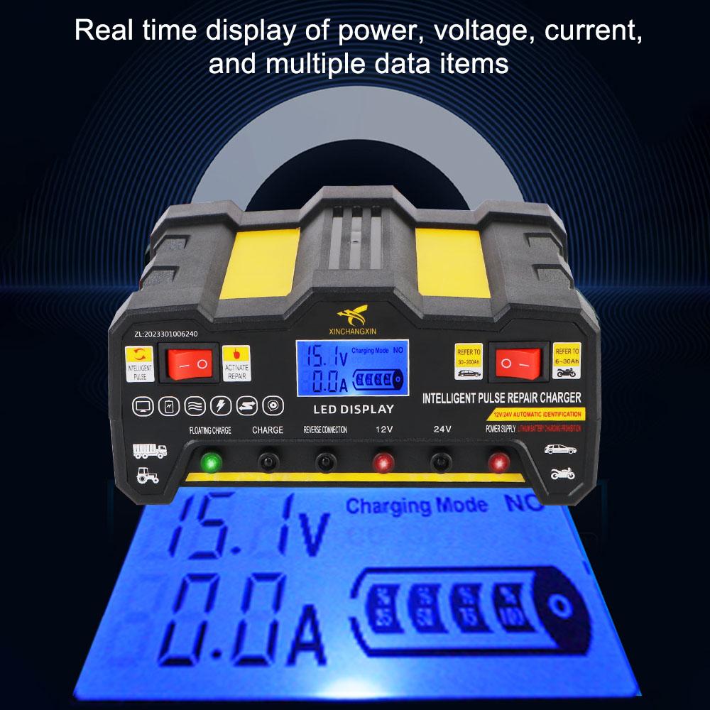 EU-Stecker LCD-Display 220W Vollautomatisches Auto-Batterieladegerät Intelligentes Puls-Reparatur-Batterieladegerät 300AH Für Nass-Trocken-Blei-Säure