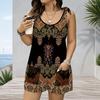 Women Plus Size Black White Printed Sleeveless Scoop Neck Tie Strap Loose Romper With Pockets