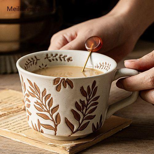 White Ceramic Cup Rough Ceramic High Aesthetic Hand-painted Cup American Retro Ceramic Mug Kitchen Drinkware Coffee Cups