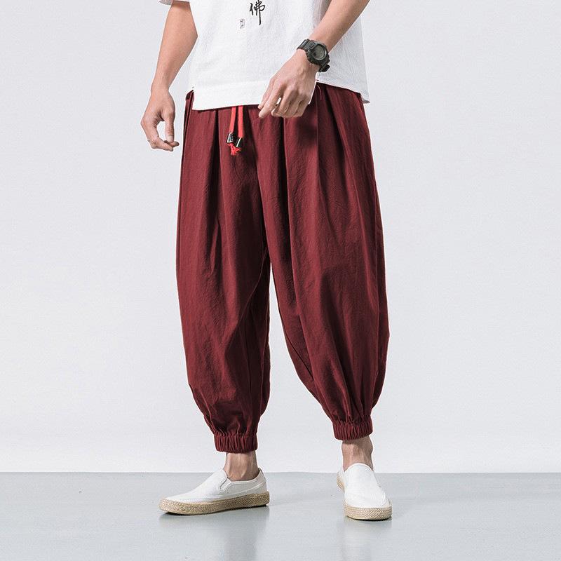 

Mens Summer Loose Cotton Linen Drawstring Lantern Pants Plus Size Casual Solid Color Mid Waist Pants 5XL
