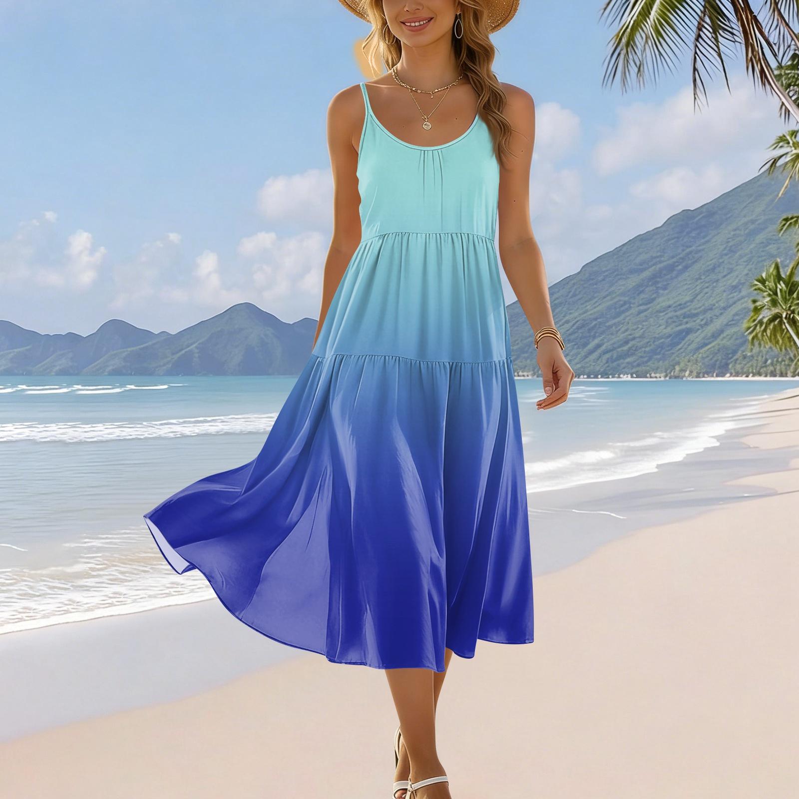 

Women s Summer Fashion Printed Pocket Adjustable Shoulder Strap Bohemian Leisure Beach Resort Strap Dress L синий
