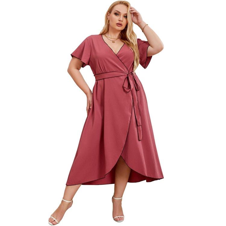 

Plus Size Women Dresses A Line V Neck Lace Up Cardigan Oversized Casual Midi Dress Summer Holiday Party Night Out Work Wear 1XL коралл розовый