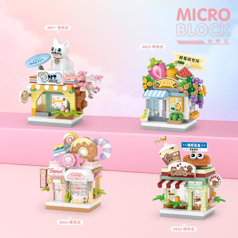NEW Restaurant Dessert Coffee Pet Fruit Store Street View Food House Building Blocks Kit Girls Bricks Model Kids Toy Children