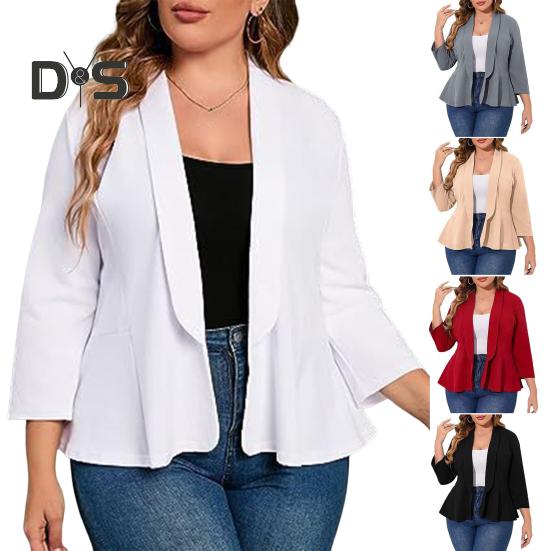 Plus Size Women Suit Coat Lapel Long Sleeve Ruffle Hem Open Front Suit Jacket Solid Color Versatile Business Outerwear