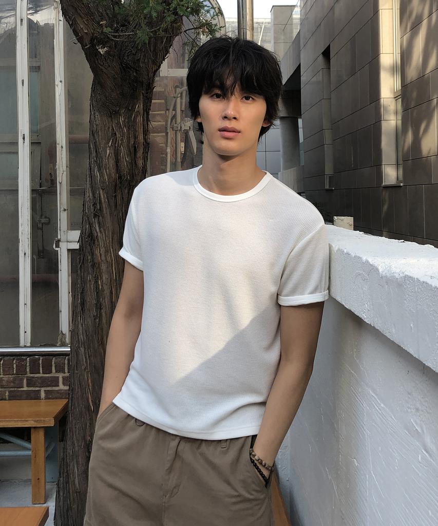 Dei Semi-Crop Round Waffle Short Sleeve T-Shirt_4 Color