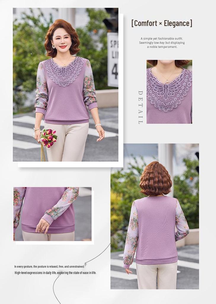 Mom's Spring Chic Chiffon Sleeve Top: Long Sleeve T-shirt for Middle-Aged & Elderly Women
