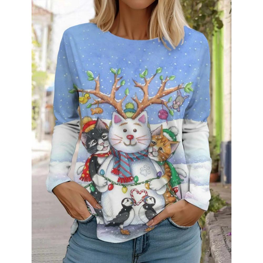 Spring and Autumn Round Neck Cat Pattern 3D Printed Top Fashionable Casual Long Sleeved Women's T-shirts