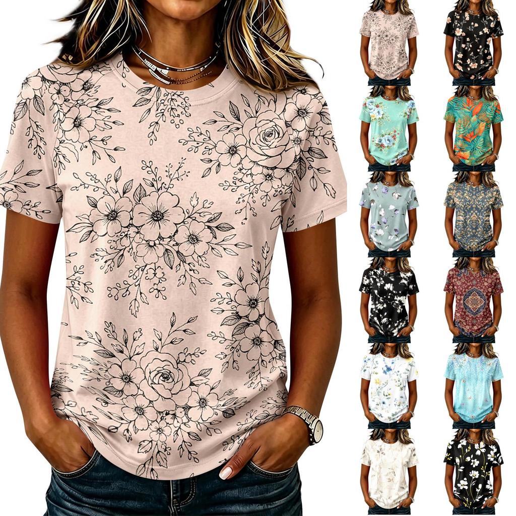 Womens Casual Raglan Sleeve Crew Neck Short Sleeve Top Floral Print Lightweight Comfortable Fit